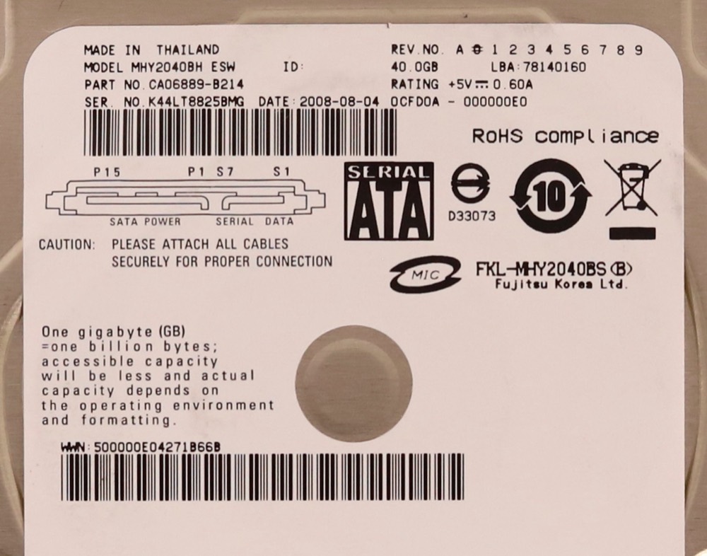 Жёсткий диск Fujitsu MHY2040BH 40GB 2.5" 1.5Gb/s 8MB 5.4K RPM SATA HDD P/N: CA06889-B214 — фото 2