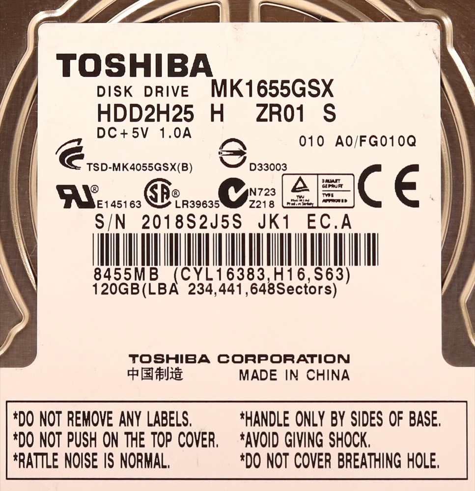 Жёсткий диск Toshiba MK1655GSX 120GB 2.5" 5.4K RPM SATA Hard Drive P/N:HDD2H25 Tested Working — фото 2