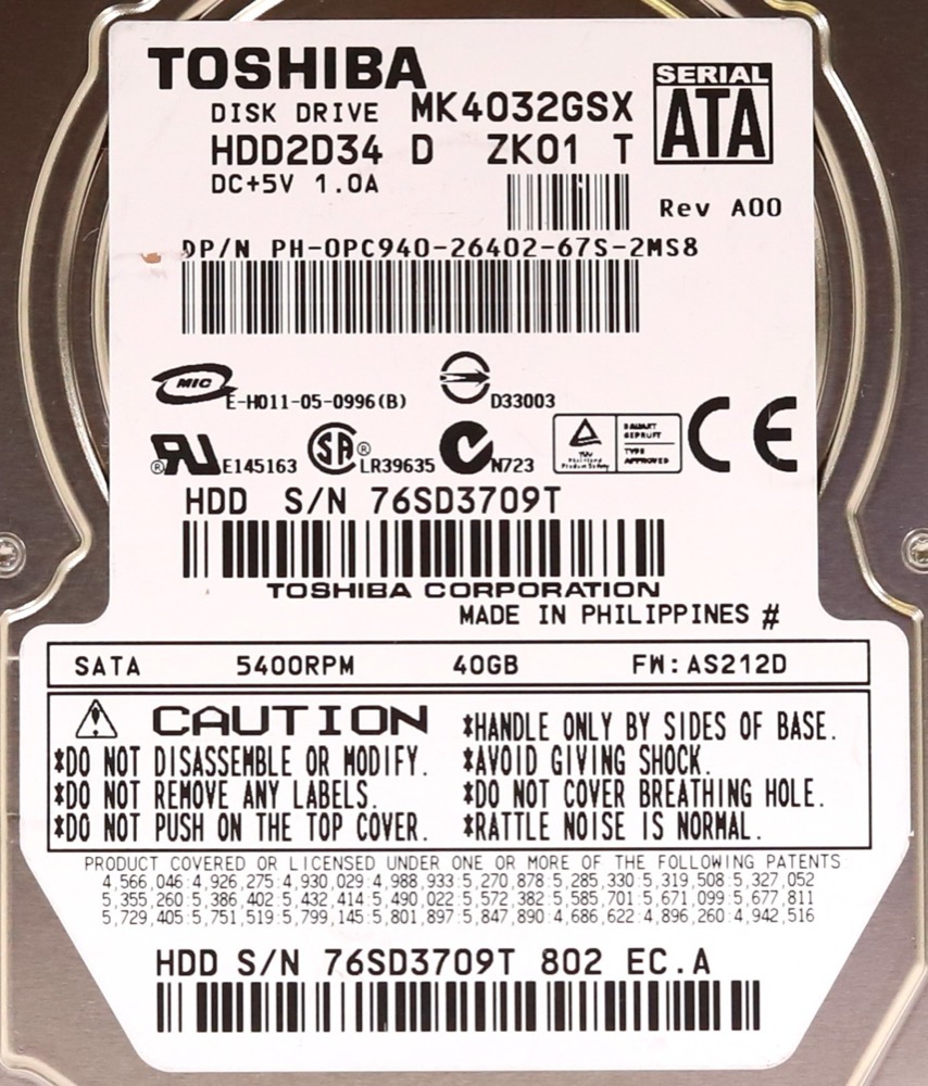 Жёсткий диск Dell MK4032GSX 40GB 2.5" 1.5Gb/s 8MB 5.4K RPM SATA Hard Drive Dell P/N: 0PC940 — фото 2