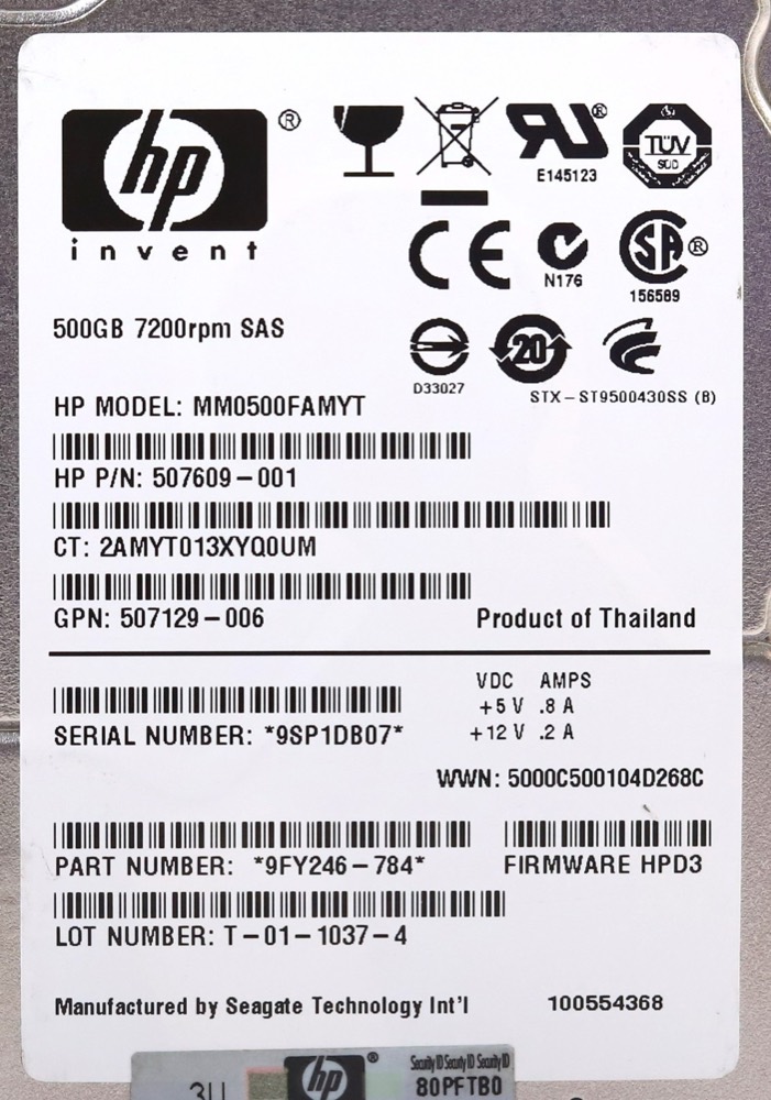 Жёсткий диск HP MM0500FAMYT 500GB 2.5" 6Gb/s 7.2K RPM SAS Hard Drive P/N: 507609-001 Tested — фото 2
