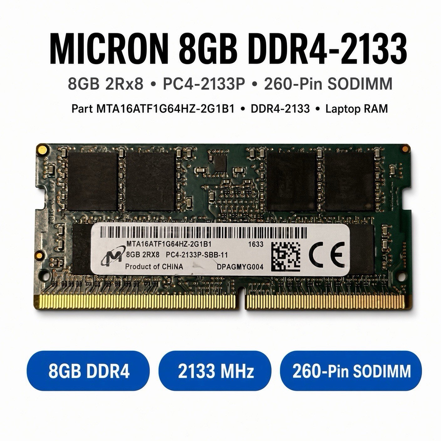 Память Micron DDR4 8GB SODIMM 2133 МТ/с (MTA16ATF1G64HZ-2G1B1) — фото 1