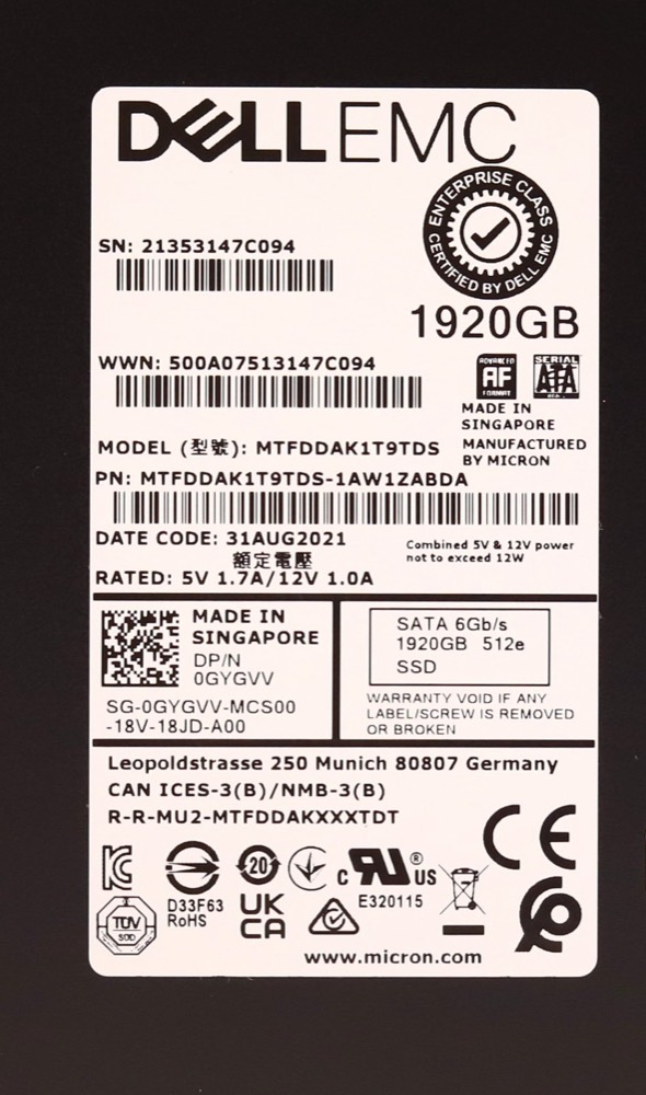 SSD-накопитель Dell MTFDDAK1T9TDS 1.92TB 2.5" 6Gb/s SATA SSD W/Caddy Dell P/N: 0GYGVV Tested — фото 2