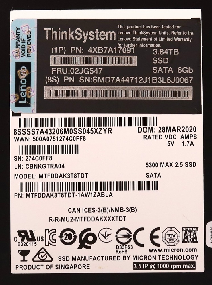 SSD-накопитель Lenovo MTFDDAK3T8TDT 3.84TB 2.5" 6Gb/s Read Intensive SATA SSD FRU P/N: 02JG547 — фото 2