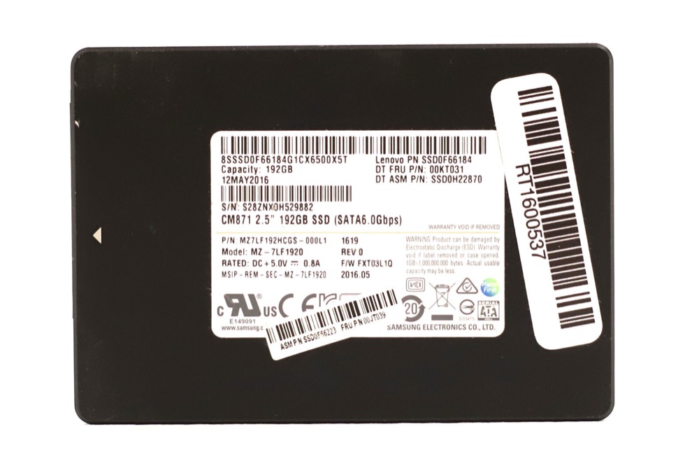 SSD-накопитель Lenovo MZ-7LF1920 CM871 192GB 2.5" 6Gb/s SATA Solid State Drive FRU P/N: 00KT031 — фото 1
