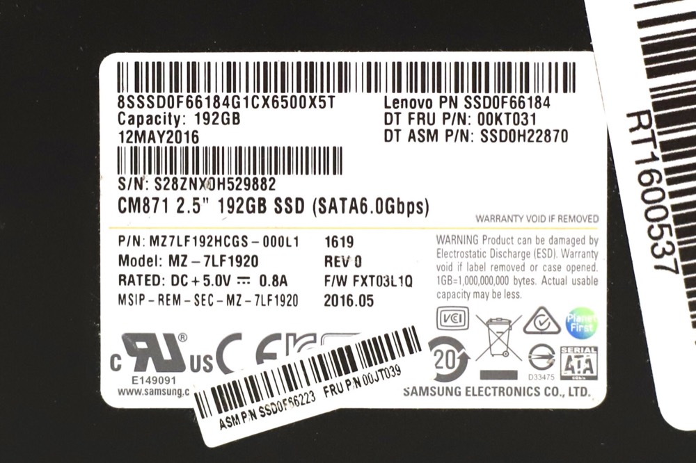 SSD-накопитель Lenovo MZ-7LF1920 CM871 192GB 2.5" 6Gb/s SATA Solid State Drive FRU P/N: 00KT031 — фото 2