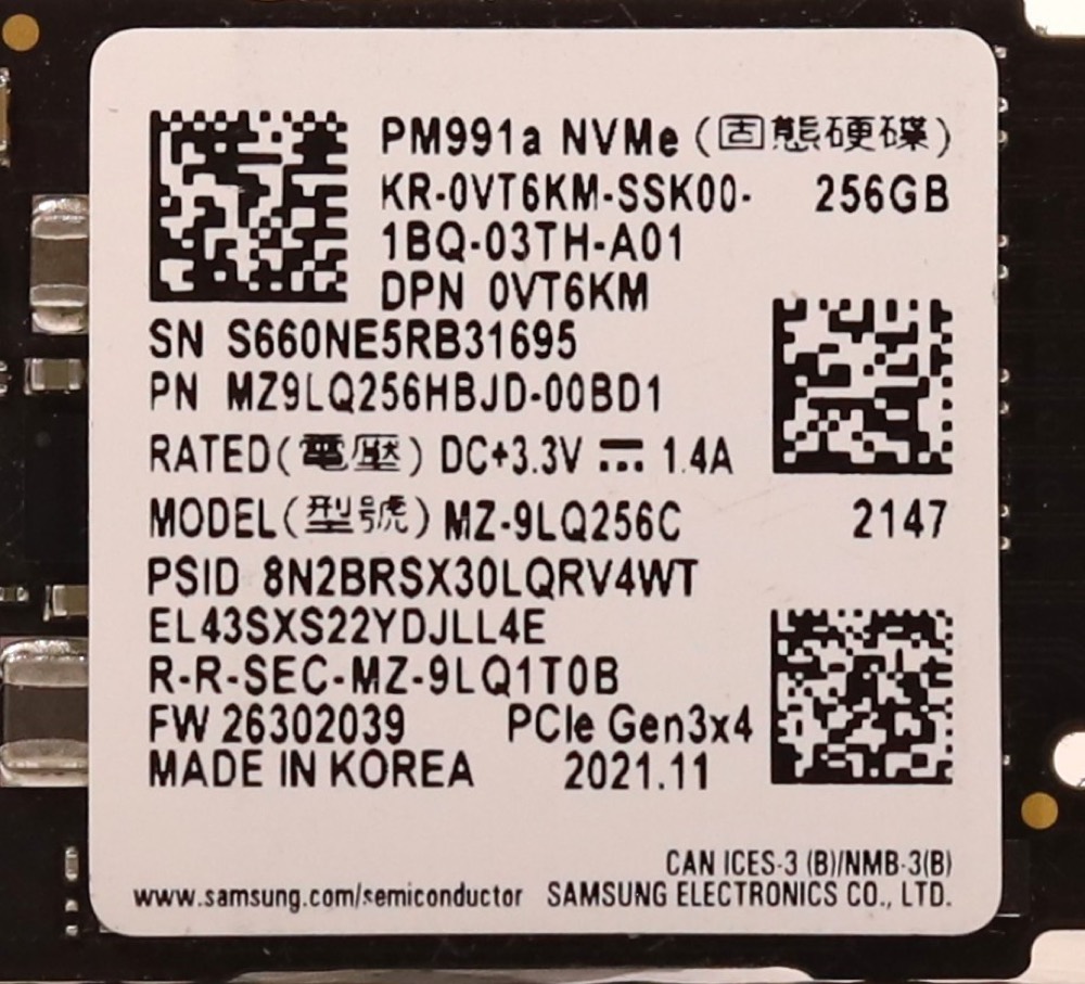 SSD-накопитель Dell MZ-9LQ256C PM991a 256GB M.2 2230 PCIe Gen3 x4 NVMe SSD Dell P/N: 0VT6KM — фото 2