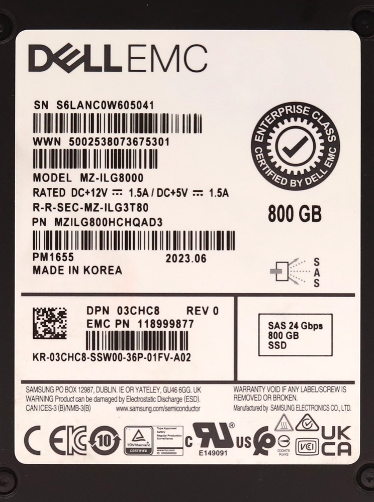 SSD-накопитель Dell EMC MZ-ILG8000 800GB 2.5" 24Gb/s SAS Solid State Drive P/N: 03CHC8 Tested — фото 2