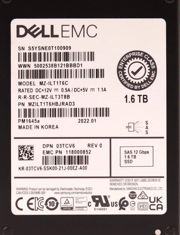 SSD-накопитель Dell MZ-ILT1T6C PM1645a 1.6TB 2.5" 12Gb/s SAS SSD W/Caddy Dell P/N:03TCV6 Tested — фото 2