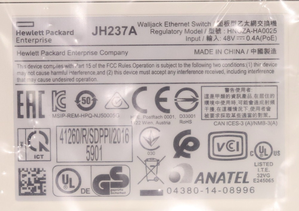 Коммутатор HPE FlexNetwork NJ5000 5G PoE+ Walljack Managed Switch W/Cable & Docs P/N:JH237A — фото 2