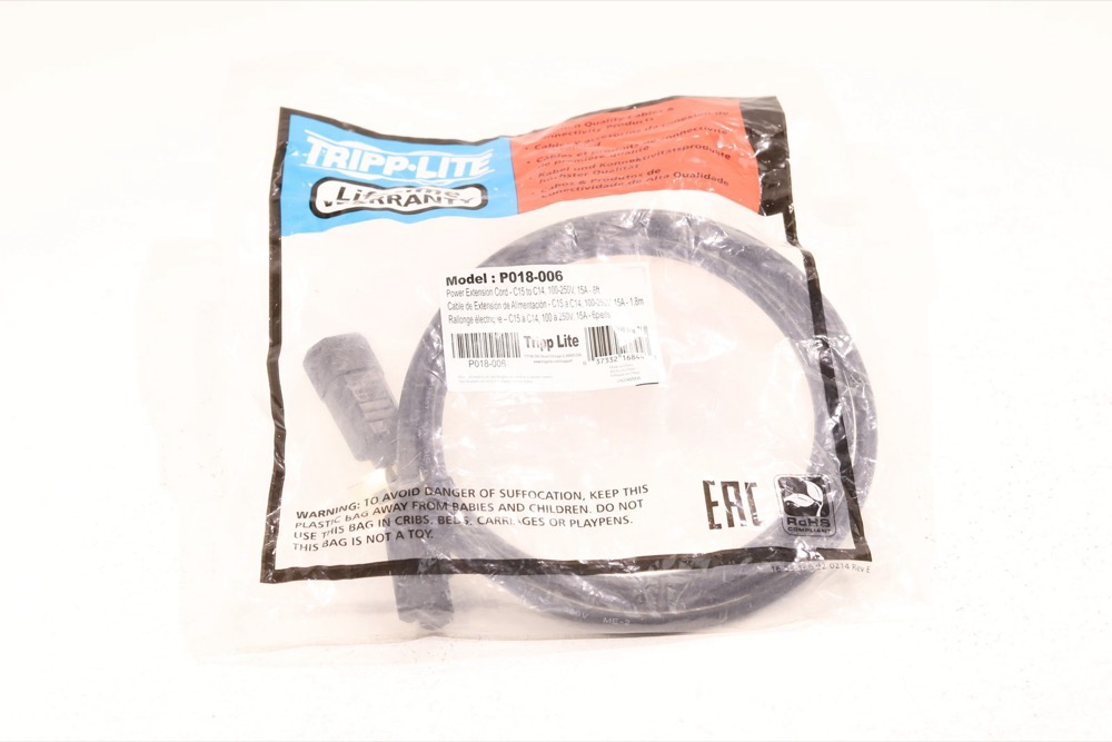 Кабель Tripp Lite C15 to C14 15A 6-ft Black Power Extension Cord P/N:P018-006 — фото 1