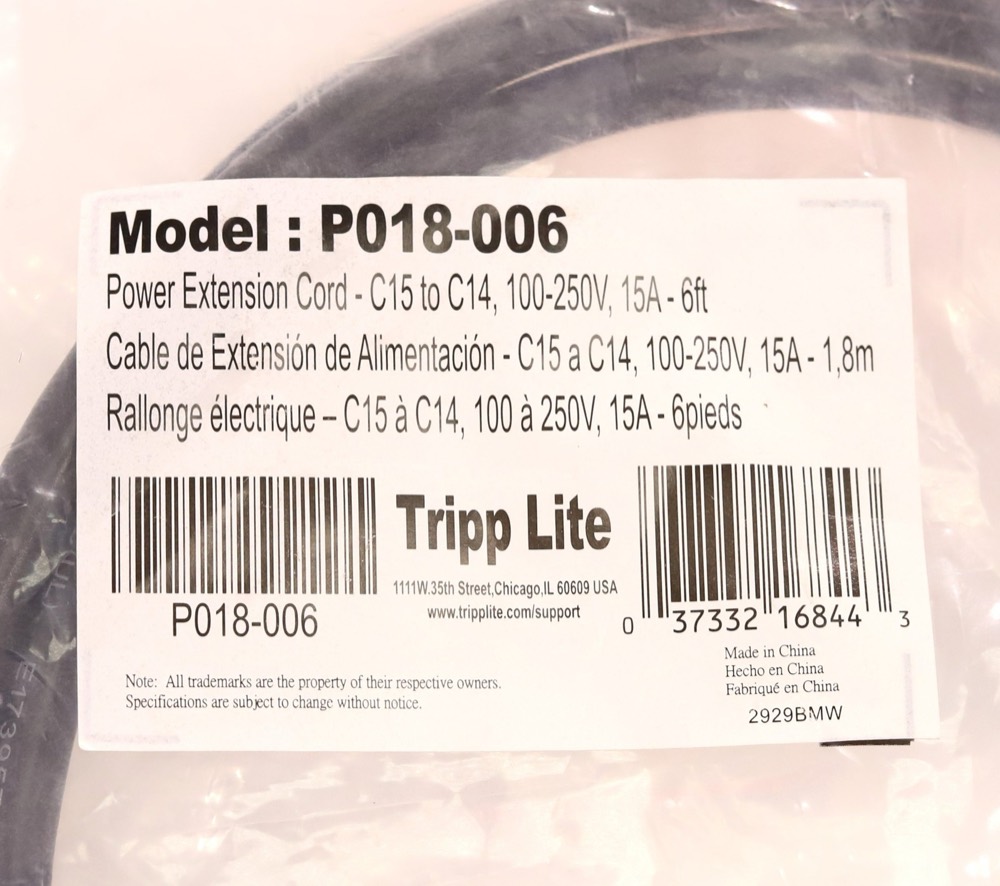 Кабель Tripp Lite C15 to C14 15A 6-ft Black Power Extension Cord P/N:P018-006 — фото 2