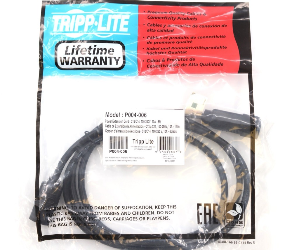Кабель Tripp Lite C13 To C14 6ft Standard Computer Power Extension Cord P/N: P004-006 — фото 1
