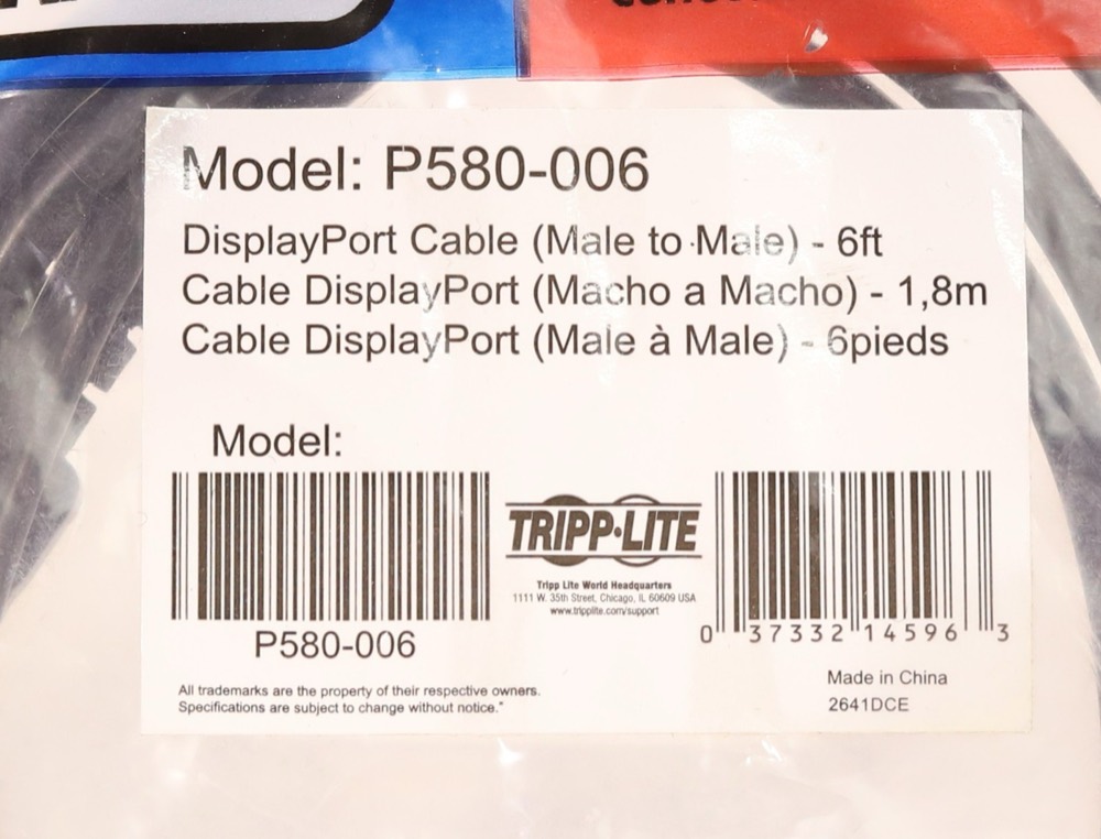 Кабель Tripp Lite 6ft DisplayPort Male to Male Cable P/N: P580-006 — фото 2
