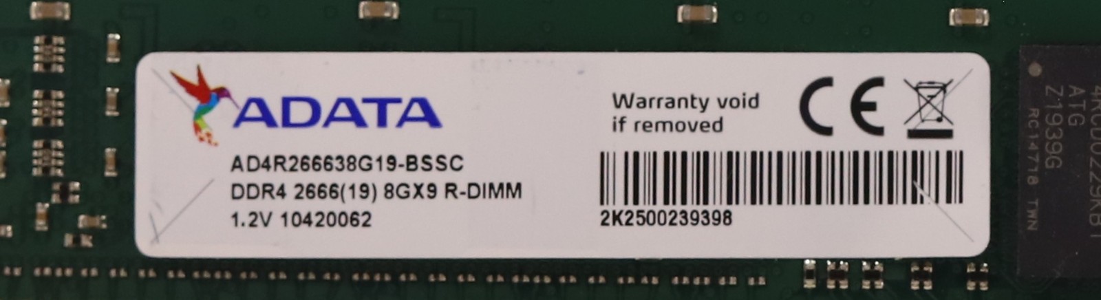 Модуль памяти ADATA 8GB PC4-21300 DDR4-2666MHz ECC REG Server Memory P/N: AD4R266638G19-BSSC — фото 2