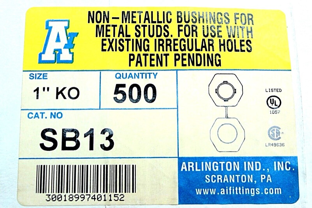 Компонент SB13 Arlington size 1” KO Qty: 500 unit Box Arlington Metal Stud Bushing — фото 1