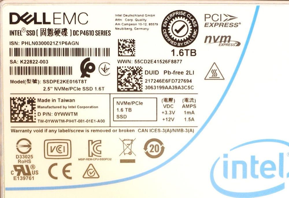SSD-накопитель Dell SSDPE2KE016T8T DC P4610 1.6TB 2.5" PCIe NVMe U.2 SSD W/Caddy P/N: 0YWWTM — фото 3