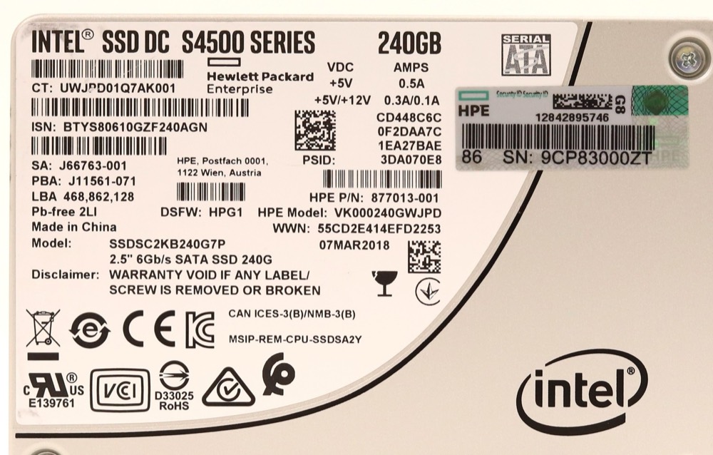 SSD-накопитель HP SSDSC2KB240G7P DC S4500 Series 240GB 2.5" 6Gb/s SATA SSD P/N: 877013-001 — фото 2