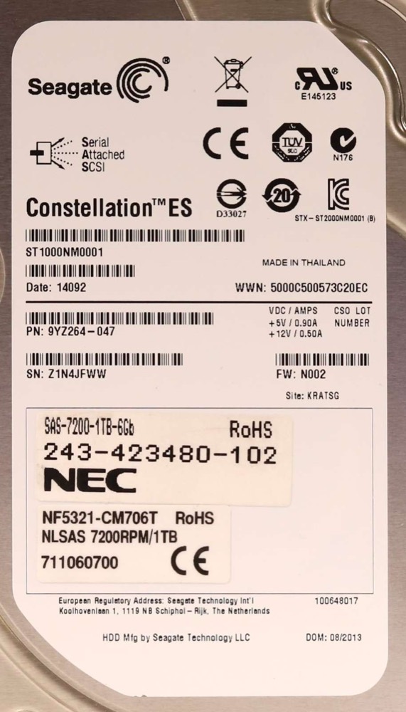 Жёсткий диск Seagate ST1000NM0001 1TB 3.5" 6Gb/s 64MB 7.2K RPM SAS HDD P/N: 9YZ264-047 Tested — фото 2