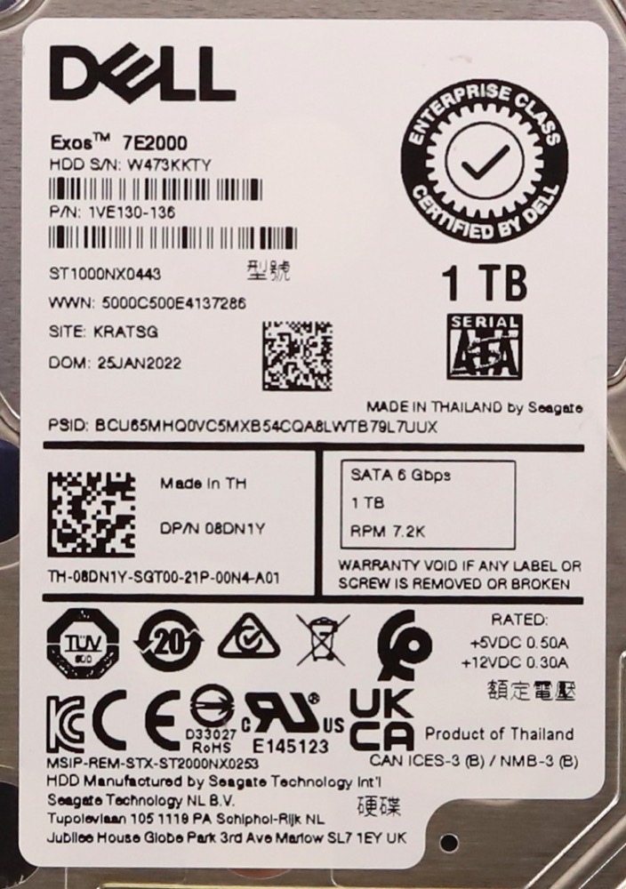 Жёсткий диск Dell ST1000NX0443 1TB 2.5" 6Gb/s 7.2K RPM SATA HDD W/Caddy Dell P/N: 08DN1Y — фото 2