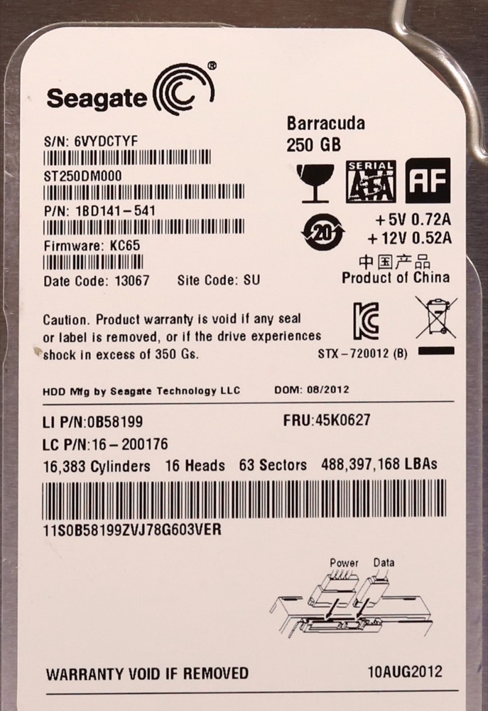 Жёсткий диск Lenovo ST260DM000 250GB 3.5" 6Gb/s 7.2K RPM SATA Hard Drive FRU P/N: 45K0627 — фото 2