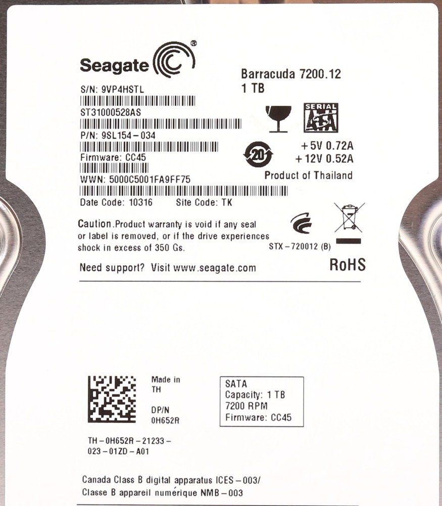 Жёсткий диск Dell ST31000528AS 1TB 3.5" 3Gb/s 7.2K RPM SATA HDD Dell P/N: 0H652R Tested — фото 2