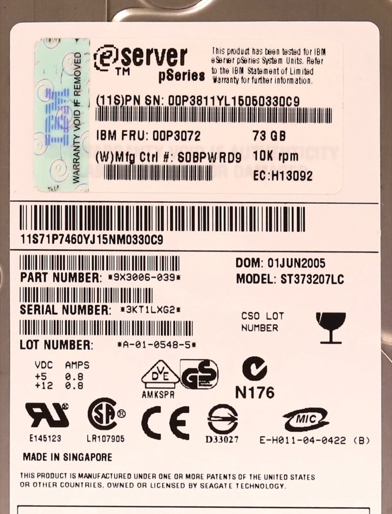 Жёсткий диск IBM ST373207LC 73.4GB 3.5" 8MB 10K RPM Ultra320 SCSI Hard Drive P/N: 00P3072 — фото 2