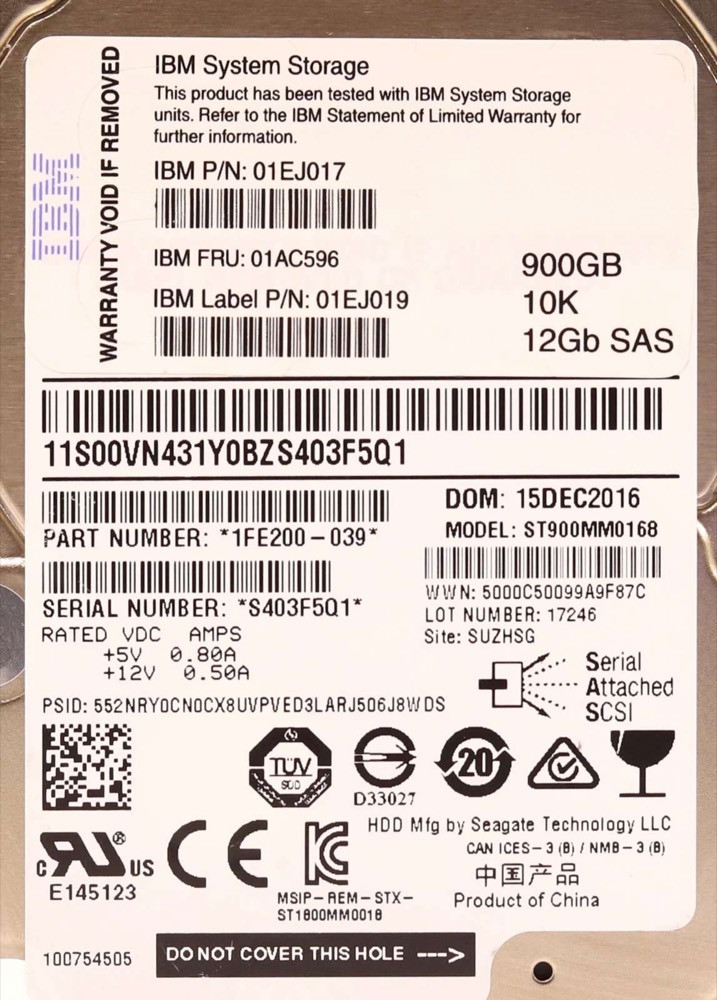 Жёсткий диск IBM ST900MM0168 900GB 2.5" 12Gb/s 10K SAS Hard Drive FRU P/N: 01EJ019 Tested — фото 2