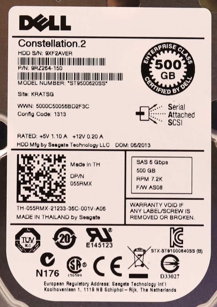 Жёсткий диск Dell ST9500620SS 500GB 2.5" 6Gb/s 7.2K RPM SAS HDD W/Caddy Dell P/N: 055RMX — фото 2