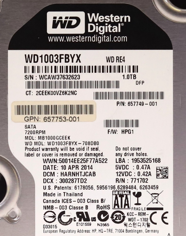 Жёсткий диск HP WD1003FBYX-708DB0 1TB 3.5" 6Gb/s 7.2K RPM SATA Hard Drive P/N: 657749-001 — фото 2