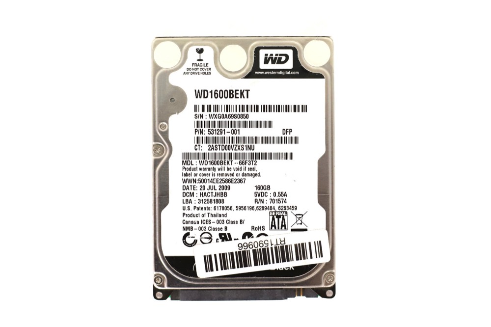 Жёсткий диск HP WD1600BEKT-66F3T2 160GB 2.5" 3Gb/s 7.2K RPM SATA Hard Drive P/N: 531291-001 — фото 1