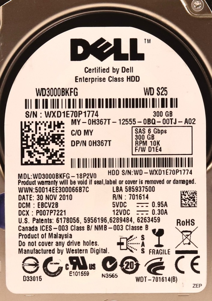 Жёсткий диск Dell WD3000BKFG 300GB 2.5" 6Gb/s 10K RPM SAS Hard Drive Dell P/N: 0H367T Tested — фото 2