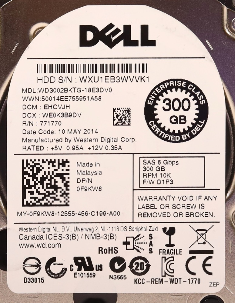Компонент Dell WD3002BKTG-18E3DV0 300GB 2.5" 6Gb/s 10K RPM SAS Drive P/N: 0F9KW8 Tested — фото 2