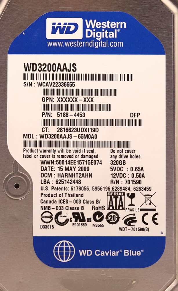Жёсткий диск WD WD3200AAJS-65M0A0 320GB 3.5" 3Gb/s 7.2K RPM SATA Hard Drive P/N: 5188-4453 — фото 2