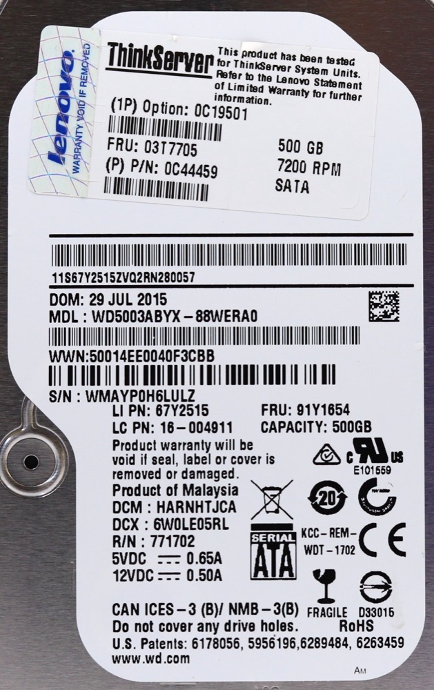 Жёсткий диск Lenovo WD5003ABYX 500GB 3.5" 3Gb/s 7.2K RPM SATA Hard Drive P/N: 0C44459 Tested — фото 2