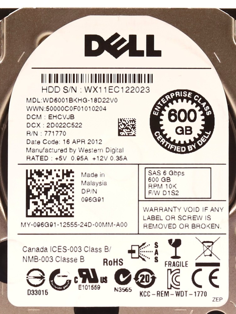 Компонент Dell WD6001BKHG-18D22V0 600GB 2.5" 6Gb/s 10K RPM SAS Drive W/Caddy P/N: 096G91 — фото 2