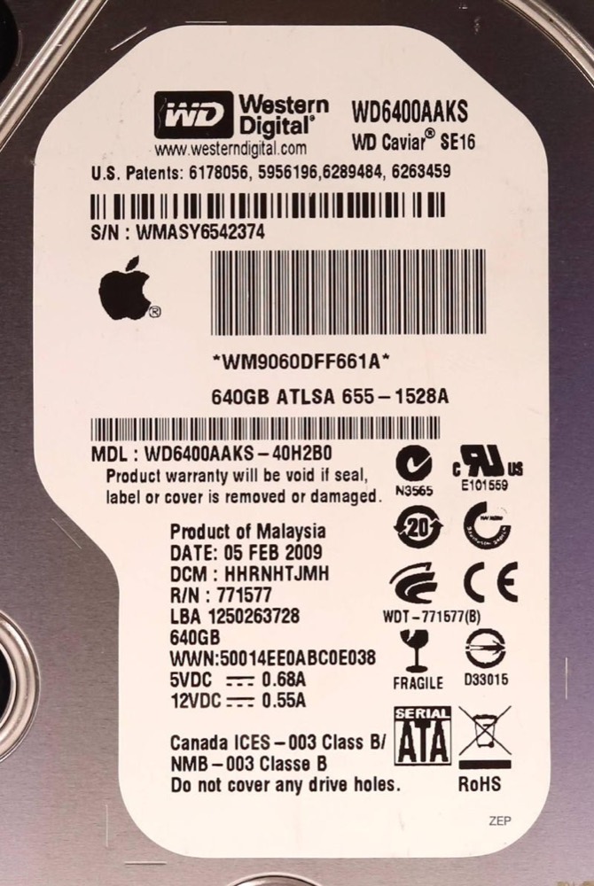 Жёсткий диск WD WD6400AAKS-40H2B0 640GB 3.5" 3Gb/s 7.2K RPM SATA Hard Drive P/N: WD6400AAKS T — фото 2
