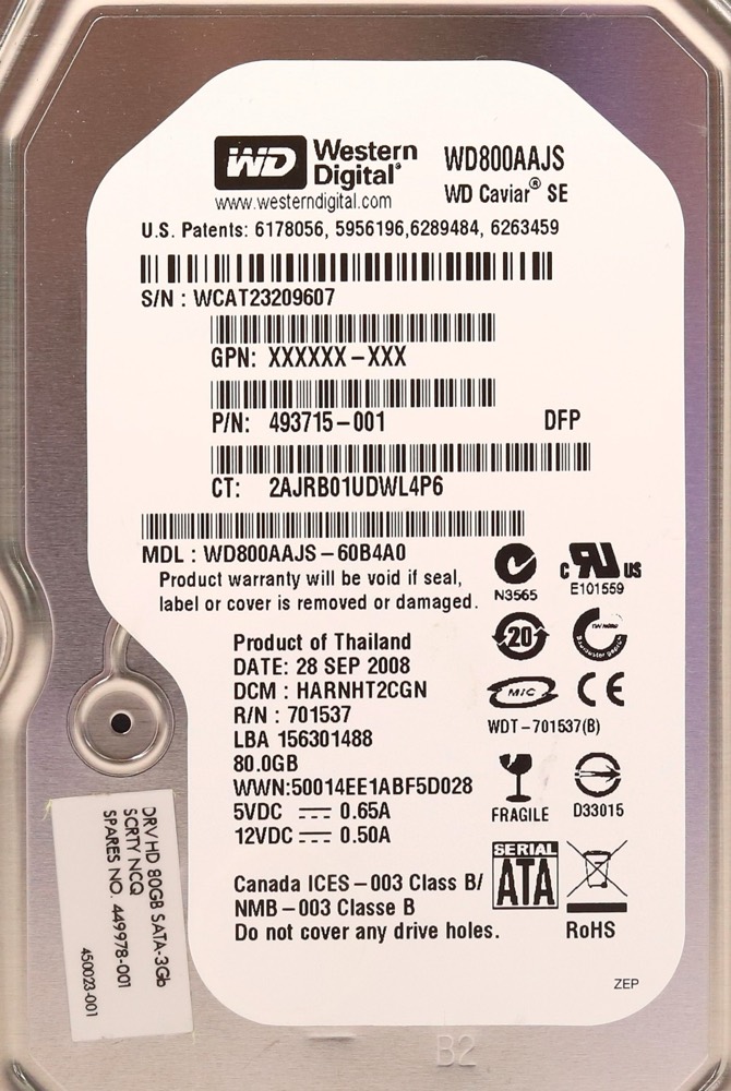 Жёсткий диск HP WD800AAJS 80GB 3.5" 3Gb/s 7.2K RPM SATA Hard Drive P/N: 449978-001 Tested — фото 2