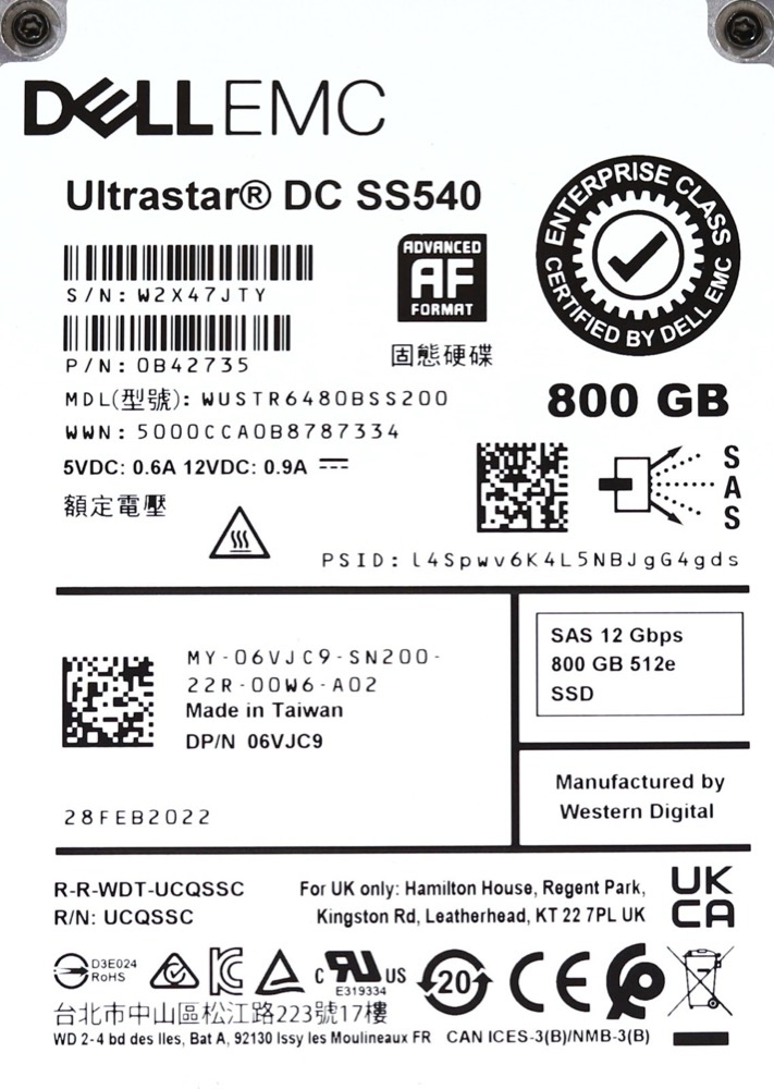 SSD-накопитель Dell WUSTR6480BSS200 DC SS540 800GB 2.5" 12Gb/s SAS SSD W/Caddy Dell P/N: 06VJC9 — фото 2