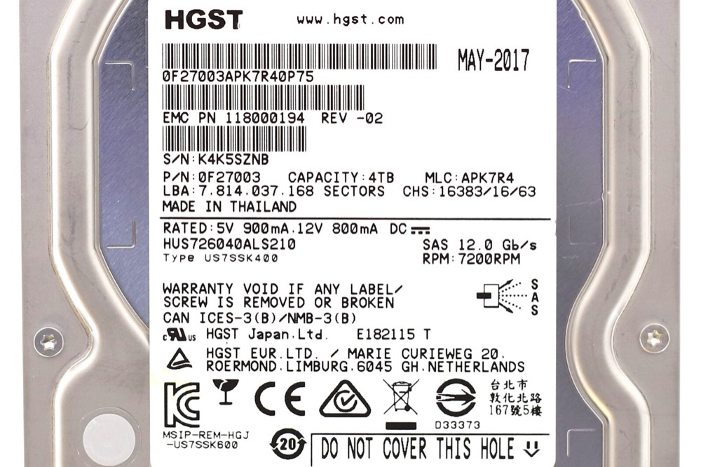 Жёсткий диск HGST HUS726040ALS210 4TB SAS 12Gbps 3.5 LFF EMC 118000194 4 TB HDD — фото 3